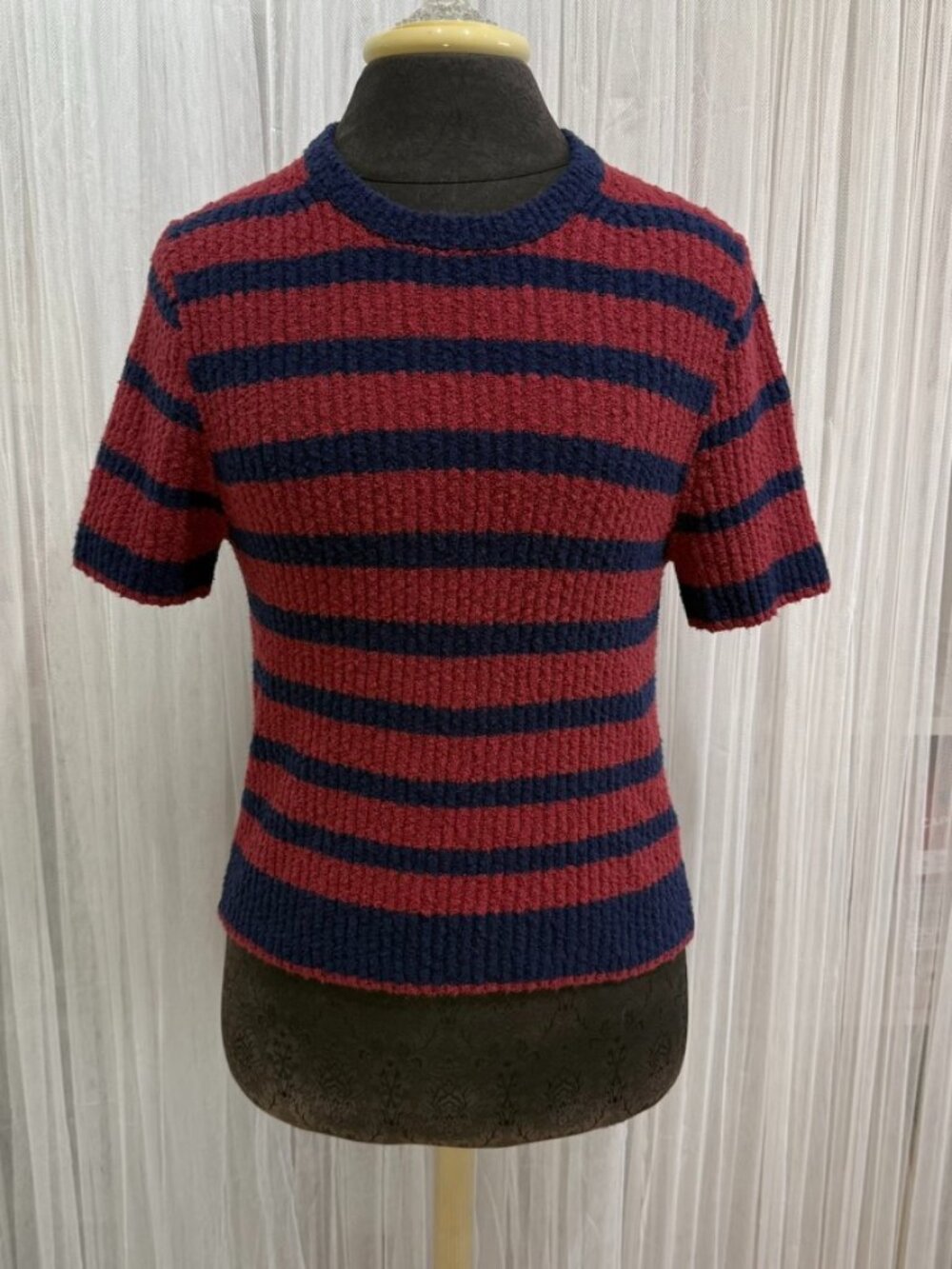 Madewell Striped Short Sleeve Sweater Top Womens Size M Navy Red Ribbed Knit